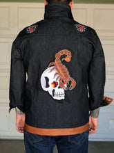 Load image into Gallery viewer, Calaveras &amp; scorpions denim &amp; congac leather jacket
