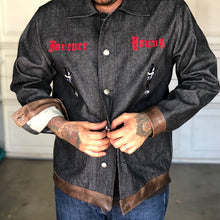 Load image into Gallery viewer, &quot;Forever Young&quot; denim and mocha leather jacket