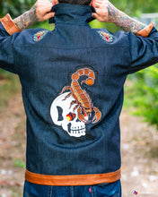 Load image into Gallery viewer, Calaveras &amp; scorpions denim &amp; congac leather jacket