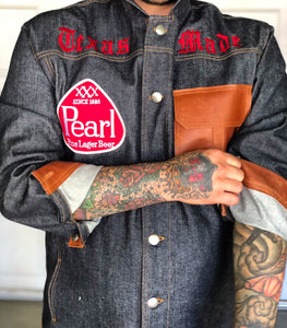"Texas Made" denim and cognac leather jacket