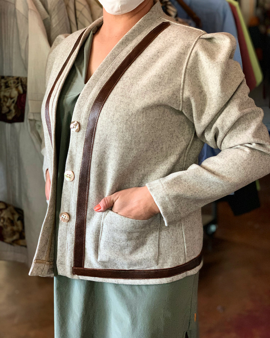 Woman’s Italian wool cardigan with leather
