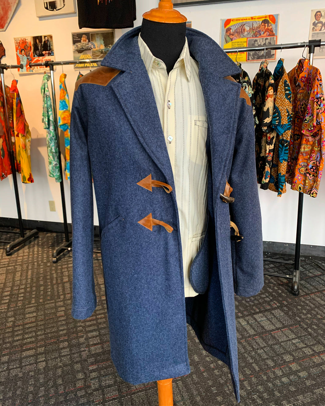 Heather blue Italian wool with leather 3/4 coat